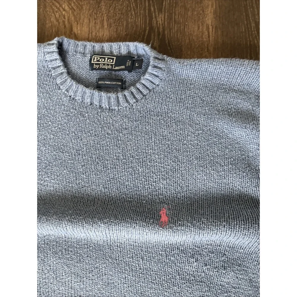 Vintage Polo Ralph Lauren Sweater Mens L Blue Chunky Knit Cotton Crew Pullover